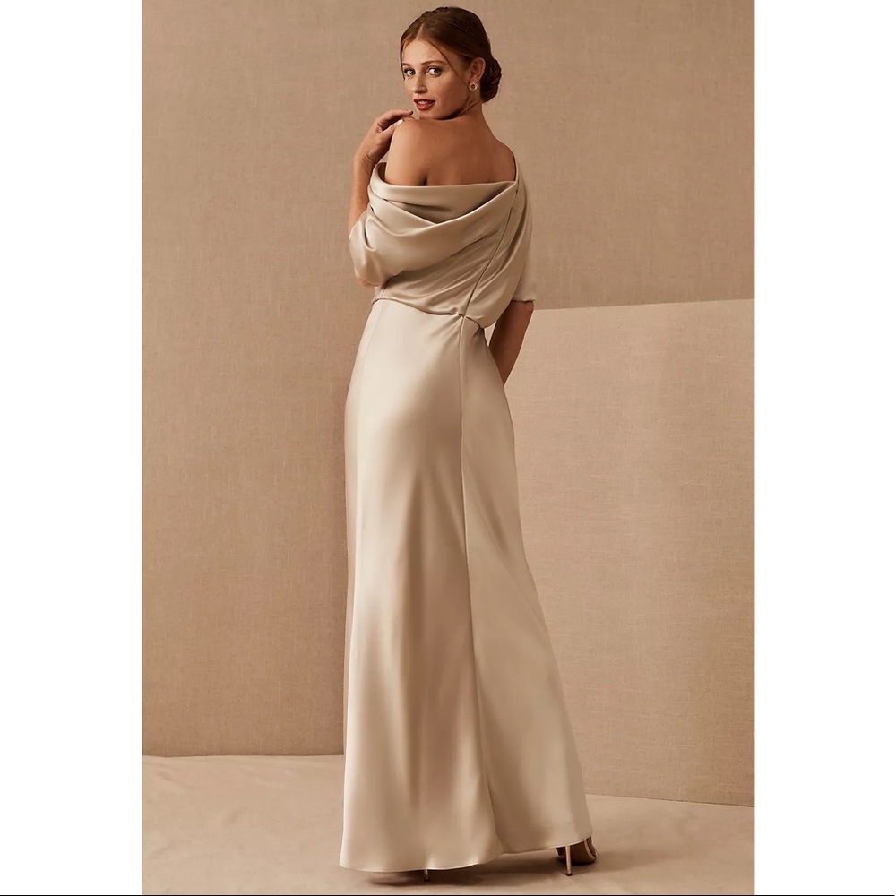 Amsale One Shoulder Satin Dress in champagne - Picture 4 of 13
